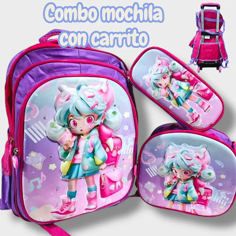 COMBO DE 3PZ MOCHILA +LONCHERA +LAPICERA CON CARRITO Y LUZ LED  PARA PRIMARIAMOD#BY-10, 11, 12 19
