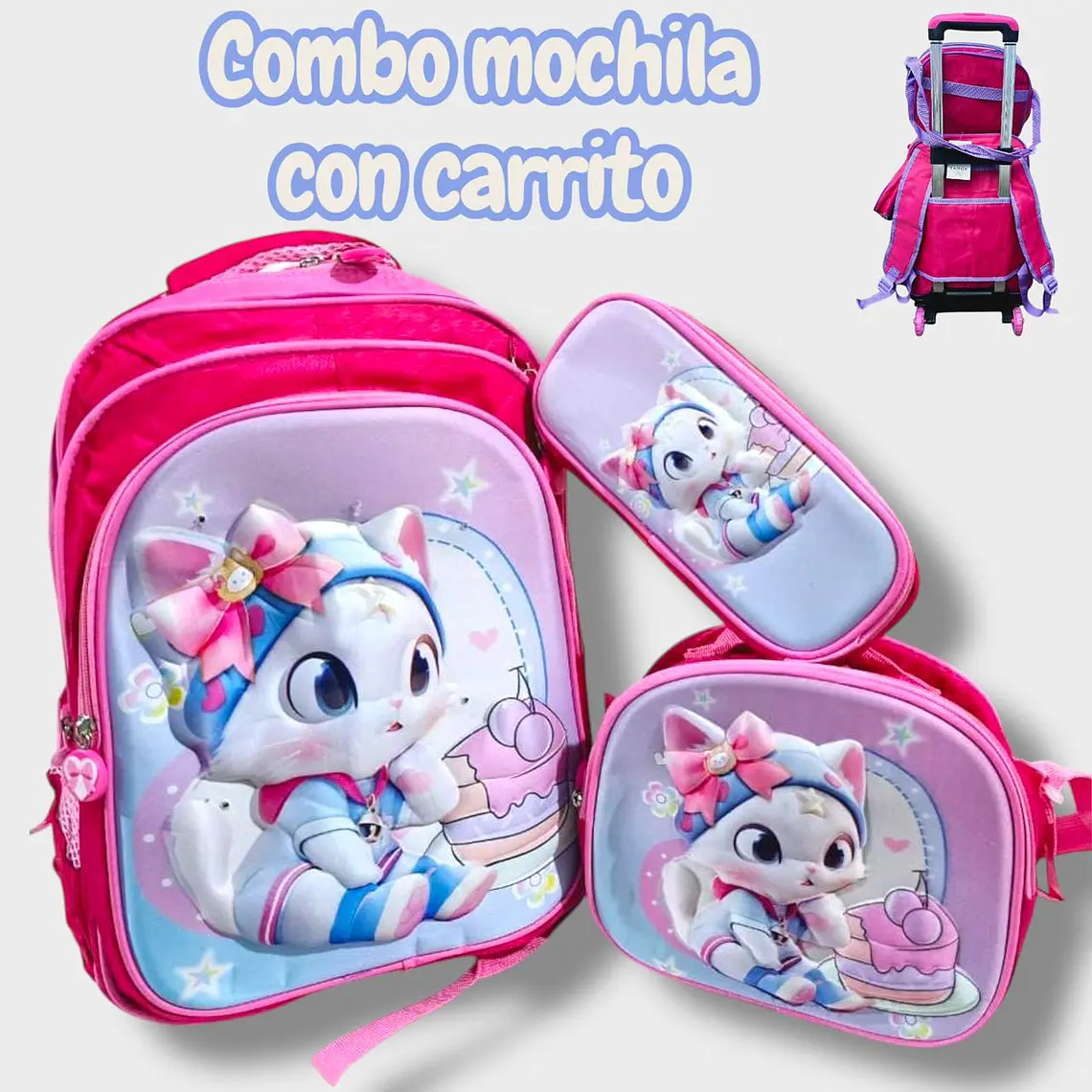 COMBO DE 3PZ MOCHILA +LONCHERA +LAPICERA CON CARRITO Y LUZ LED  PARA PRIMARIAMOD#BY-10, 11, 12 20