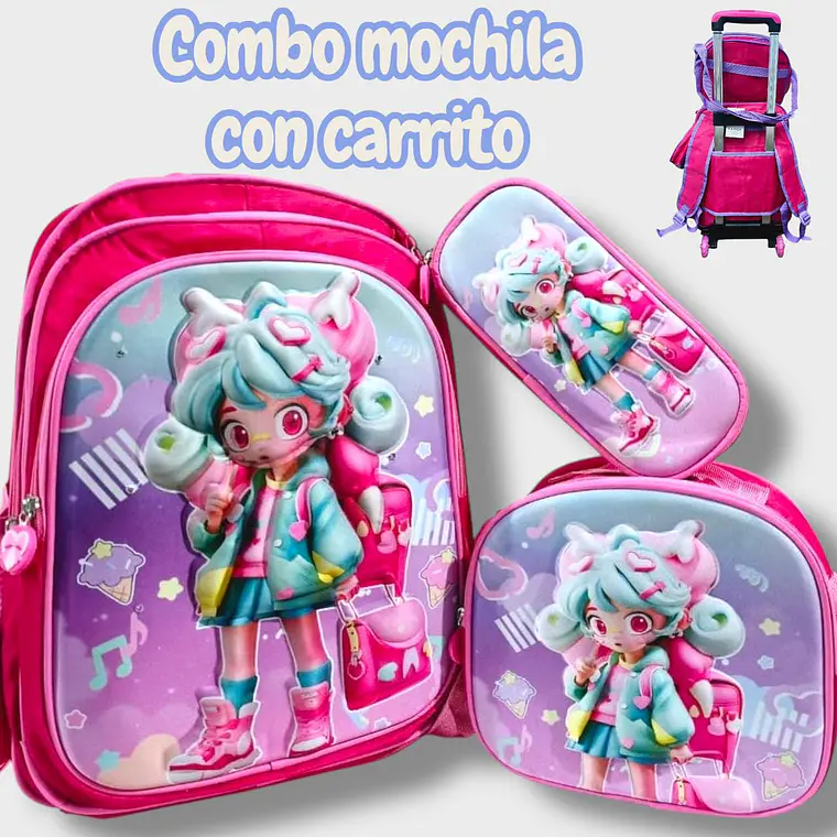 COMBO DE 3PZ MOCHILA +LONCHERA +LAPICERA CON CARRITO Y LUZ LED  PARA PRIMARIAMOD#BY-10, 11, 12 21
