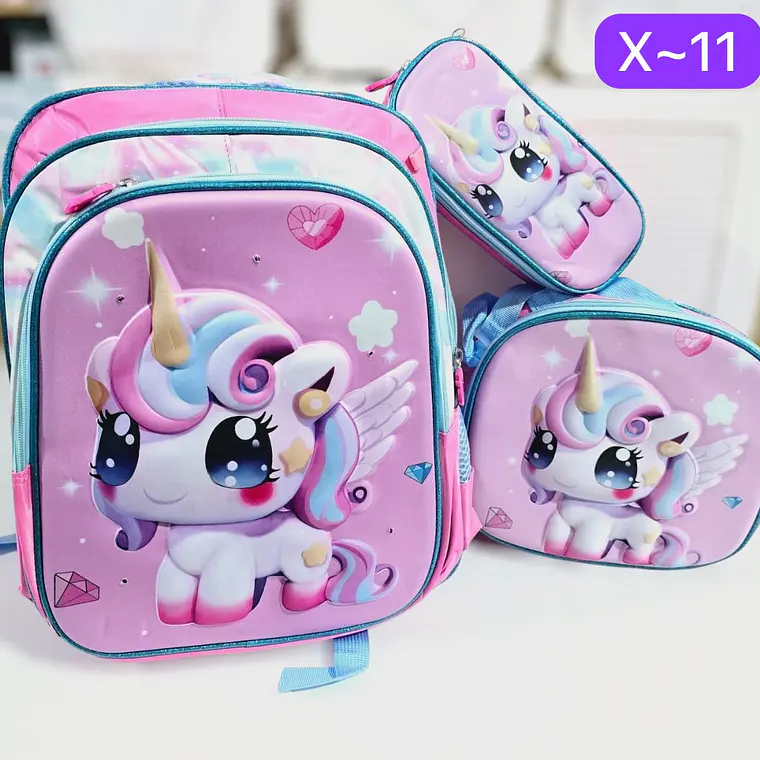 🩷COMBO DE 3PZ MOCHILA/LONCHERA/LAPICERA PARA PRIMARIA NIÑA DISEÑOS VARIOS  MOD#X- COPIAR 4