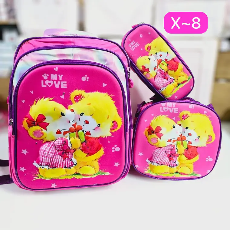 🩷COMBO DE 3PZ MOCHILA/LONCHERA/LAPICERA PARA PRIMARIA NIÑA DISEÑOS VARIOS  MOD#X- COPIAR 1