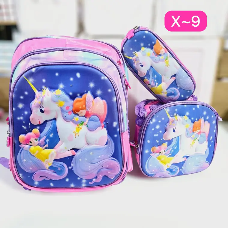 🩷COMBO DE 3PZ MOCHILA/LONCHERA/LAPICERA PARA PRIMARIA NIÑA DISEÑOS VARIOS  MOD#X- COPIAR 10