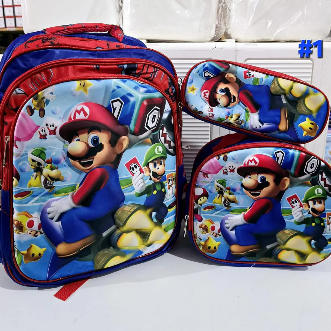COMBO DE 3PZ MOCHILA PARA PRIMARIA DISEÑO MARIO BROSS CON LUZ LED MOD# HH1006- 3