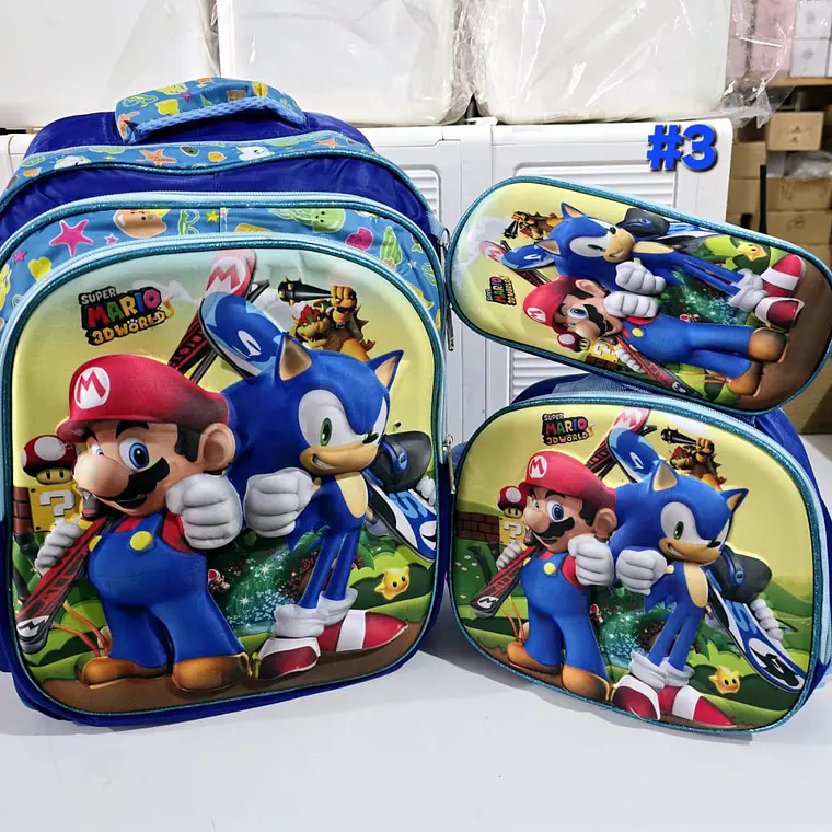 COMBO DE 3PZ MOCHILA PARA PRIMARIA DISEÑO MARIO BROSS CON LUZ LED MOD# HH1006- 4