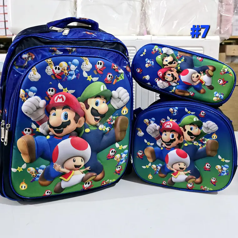 COMBO DE 3PZ MOCHILA PARA PRIMARIA DISEÑO MARIO BROSS CON LUZ LED MOD# HH1006- 11