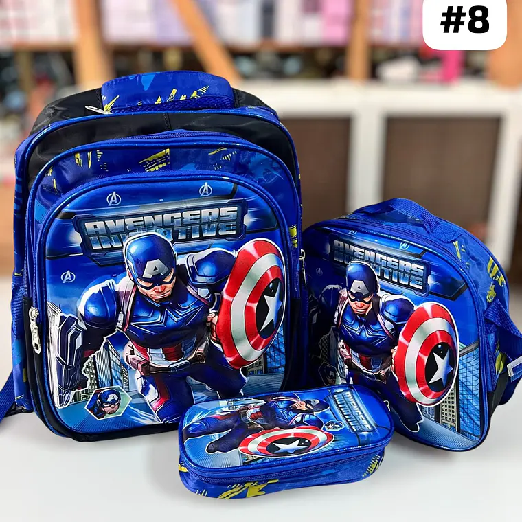 COMBO DE 3PZ MOCHILA +LONCHERA + LAPICERA PARA PRIMARIA/PERSONAJES ADAPTABLE AL CARRITO MOD# 36118 3