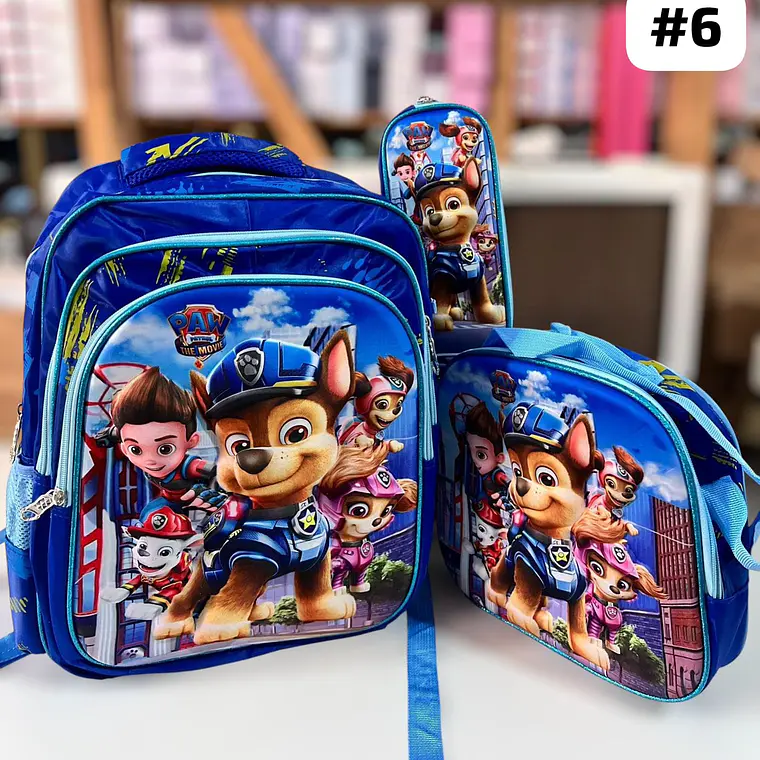 COMBO DE 3PZ MOCHILA +LONCHERA + LAPICERA PARA PRIMARIA/PERSONAJES ADAPTABLE AL CARRITO MOD# 36118 1