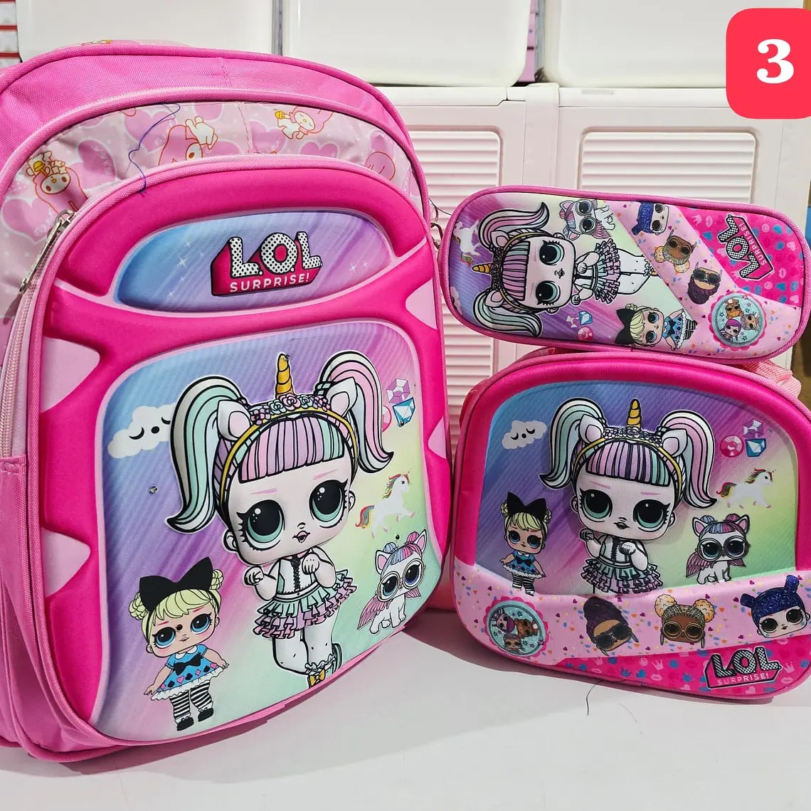 COMBO/PRIMARIA DE 3PZ MOCHILA + LONCHERA + LAPICERA PERSONAJES PARA NIÑA MOD# WM-112 3