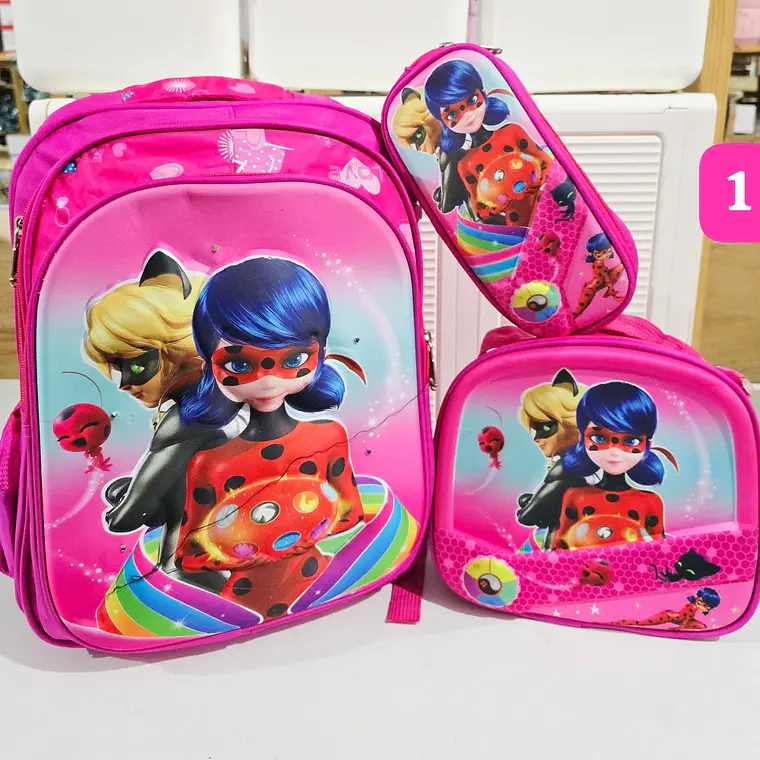COMBO/PRIMARIA DE 3PZ MOCHILA + LONCHERA + LAPICERA PERSONAJES PARA NIÑA MOD# WM-112 1
