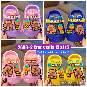 SANDALIAS CROCS DISEÑO CAPYBARA CON MANDARINA, TALLA 18 AL 23 ( MEX 13-15) MOD# 2688+2