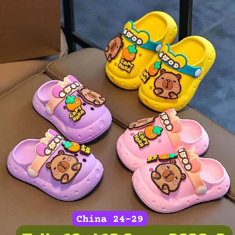 SANDALIAS CROCS DISEÑO CAPYBARA CON MANDARINA, TALLA 24 AL 29 ( MEX 16-18) MOD# 2688+2 1