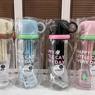 BOTE TRANSPARENTE PARA AGUA DE 800 ML (HAPPY LITTLE CAT EVERY DAY) MOD# ST-7139