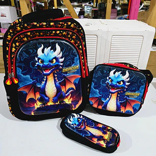 COMBO DE MOCHILA + LONCHERA + LAPICERA   ORIGINAL X-GEAR DRAGÓN (PRIMARIA)MOD# WLX1006 