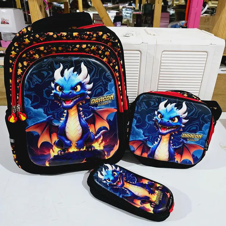 COMBO DE MOCHILA + LONCHERA + LAPICERA   ORIGINAL X-GEAR DRAGÓN (PRIMARIA)MOD# WLX1006  1
