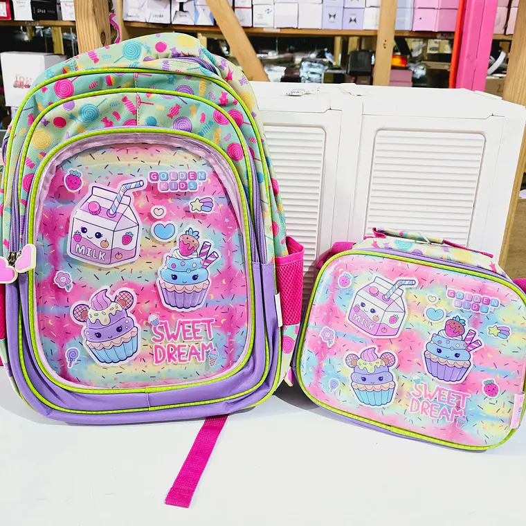 COMBO DE MOCHILA + LONCHERA ORIGINAL GOLDEN DISEÑO POSTRES (PRIMARIA) MOD# GF1675 1
