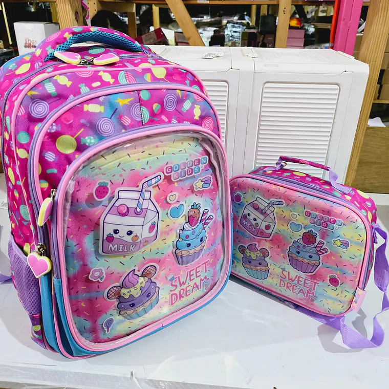COMBO DE MOCHILA + LONCHERA ORIGINAL GOLDEN DISEÑO POSTRES (PRIMARIA) MOD# GF1675 2