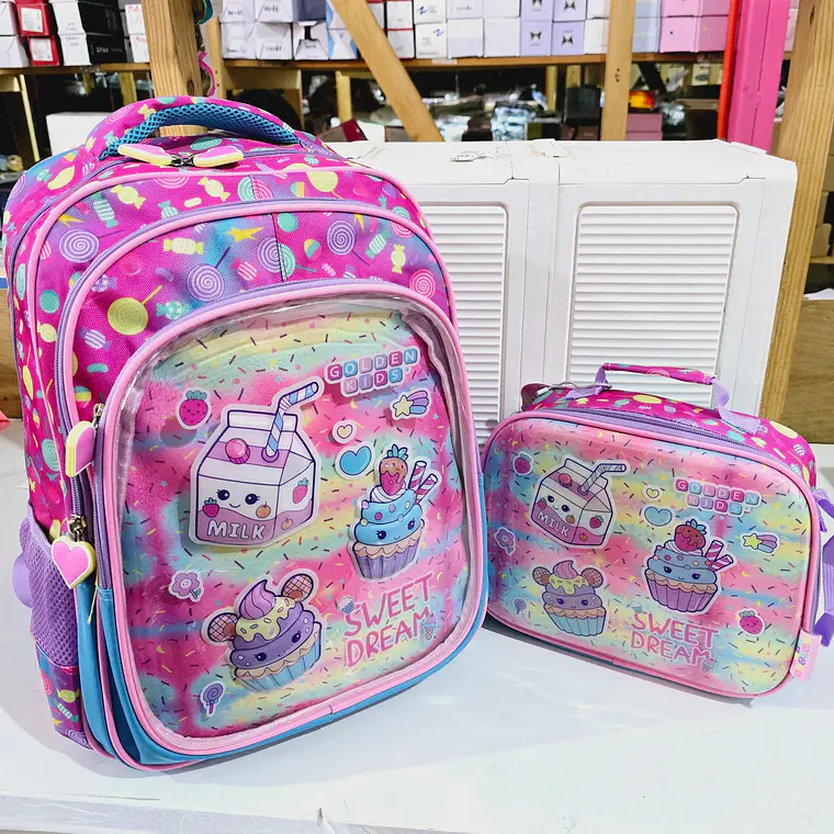 COMBO DE MOCHILA + LONCHERA ORIGINAL GOLDEN DISEÑO POSTRES (PRIMARIA) MOD# GF1675 4