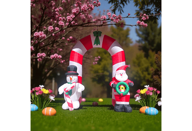 2.45 MTS ARCO NAVIDEÑO BLANCO-ROJO/ SANTA Y MUÑECO DE NIEVE  MOD# 391R☃️