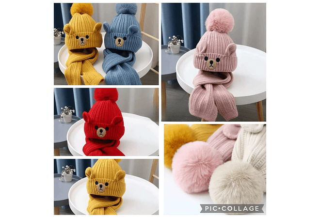GORRO INFANTIL CON POMPÓN Y BUFANDA DISEÑO OSITO 3D MOD# 700
