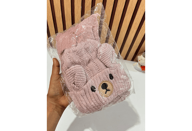 GORRO INFANTIL CON POMPÓN Y BUFANDA DISEÑO OSITO 3D MOD# 700