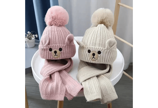 GORRO INFANTIL CON POMPÓN Y BUFANDA DISEÑO OSITO 3D MOD# 700