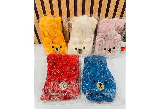 GORRO INFANTIL CON POMPÓN Y BUFANDA DISEÑO OSITO 3D MOD# 700