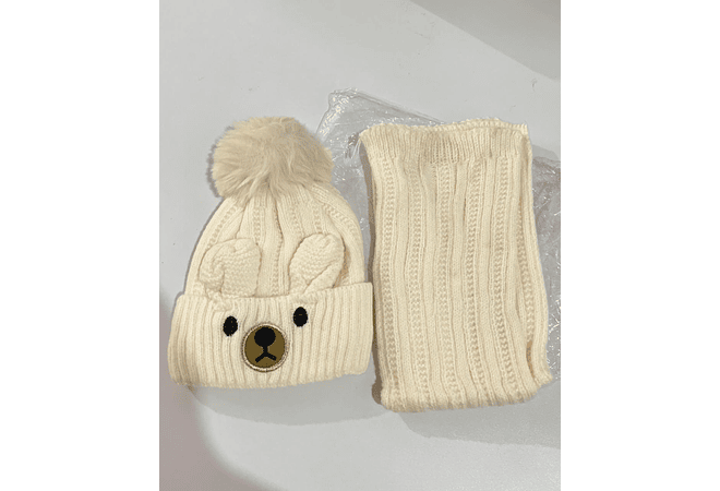 GORRO INFANTIL CON POMPÓN Y BUFANDA DISEÑO OSITO 3D MOD# 700