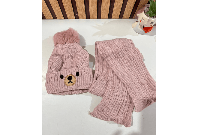 GORRO INFANTIL CON POMPÓN Y BUFANDA DISEÑO OSITO 3D MOD# 700