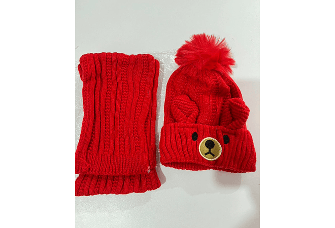GORRO INFANTIL CON POMPÓN Y BUFANDA DISEÑO OSITO 3D MOD# 700