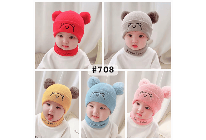 GORRITO PARA BEBÉS CON 2 POMPONES + BUFANDA CORTA (LOVE ME MORE) MOD #708