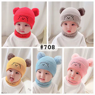 GORRITO PARA BEBÉS CON 2 POMPONES + BUFANDA CORTA (LOVE ME MORE) MOD #708