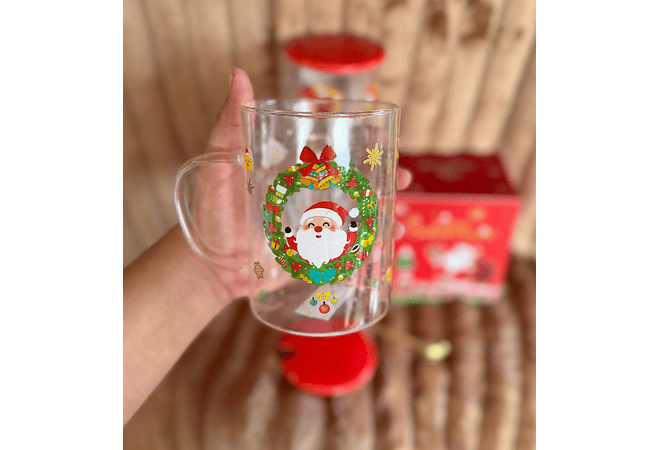 TAZA DE VIDRIO CON TAPA Y CUCHARA DISEÑO NAVIDEÑO DE 500ML MOD# B2116-5X83☃️🎄