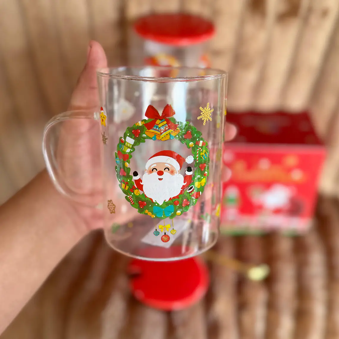 TAZA DE VIDRIO CON TAPA Y CUCHARA DISEÑO NAVIDEÑO DE 500ML MOD# B2116-5X83☃️🎄 2
