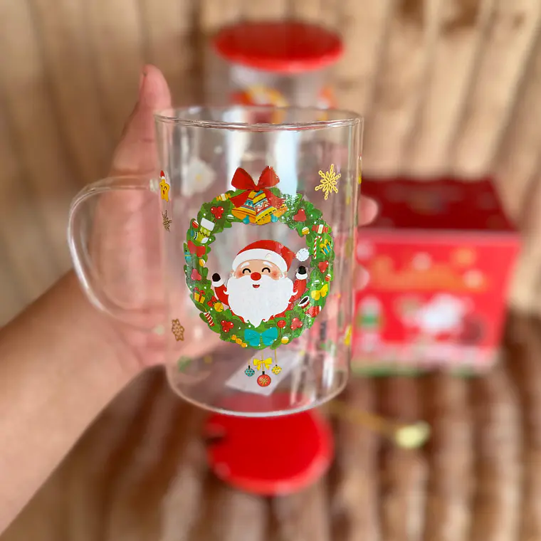 TAZA DE VIDRIO CON TAPA Y CUCHARA DISEÑO NAVIDEÑO DE 500ML MOD# B2116-5X83☃️🎄 2