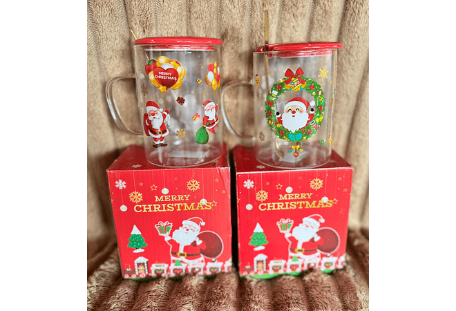 TAZA DE VIDRIO CON TAPA Y CUCHARA DISEÑO NAVIDEÑO DE 500ML MOD# B2116-5X83☃️🎄