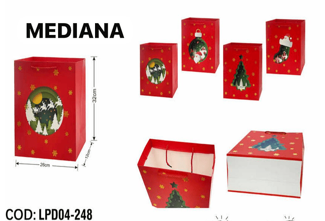 DOCENA DE BOLSAS PARA REGALO DISEÑO NAVIDAD (CHICA MEDIANA O GRANDE) #LPD04-247 -249 - 248 ROJAS🎄 🎁🛍️
