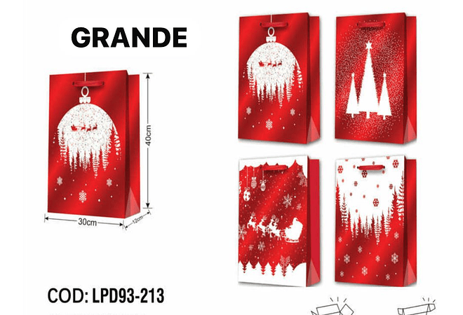 DOCENA DE  BOLSAS PARA REGALO DISEÑO NAVIDAD (CHICA MEDIANA O GRANDE) ROJO/PLATEADO LPD93-211-212-213🎄 🎁🛍️
