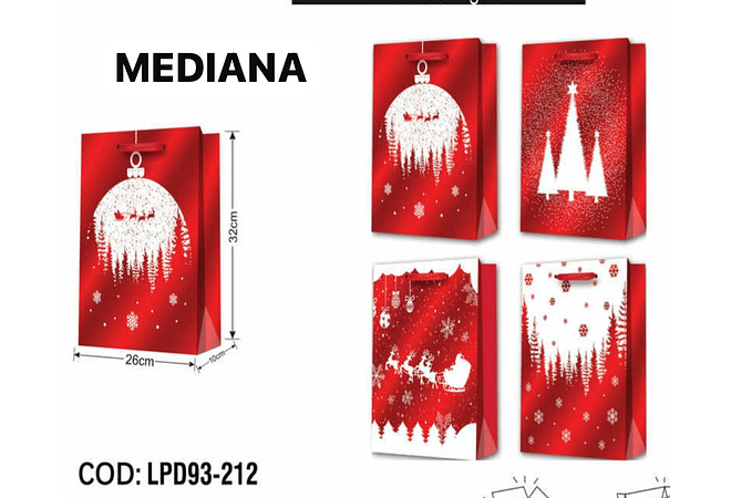 DOCENA DE  BOLSAS PARA REGALO DISEÑO NAVIDAD (CHICA MEDIANA O GRANDE) ROJO/PLATEADO LPD93-211-212-213🎄 🎁🛍️