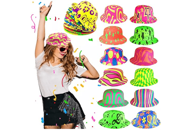 DOCENA DE SOMBREROS, CORBATA,MOÑO YANTIFAZ PARA FIESTA /COLORES NEON  🥳 🎉 👔🎩