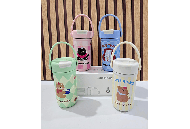 VASO TÉRMICO CON ASA  DISEÑO ANIMALITOS DE 380 ML MOD# H-BW-1457