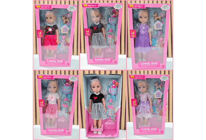 MUÑECA GRANDE LOVELY DOLL CON ACCESORIOS Y SONIDO (AL AZAR) MOD#