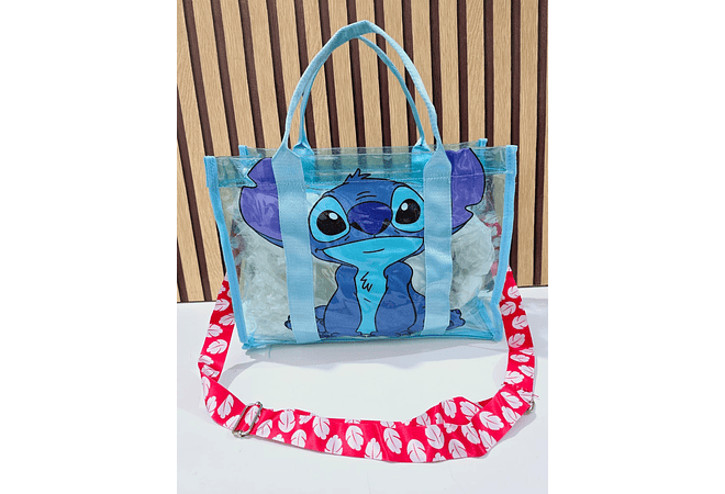 BOLSO TRANSPARENTE TIPO MALETA AZUL CIELO DISEÑO STITCH MOD# 024