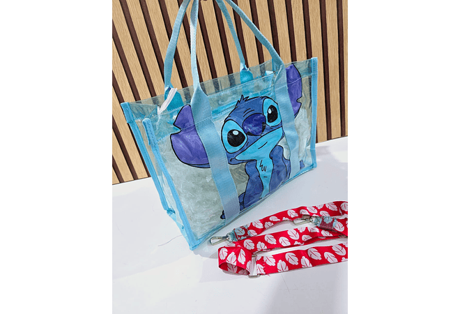 BOLSO TRANSPARENTE TIPO MALETA AZUL CIELO DISEÑO STITCH MOD# 024