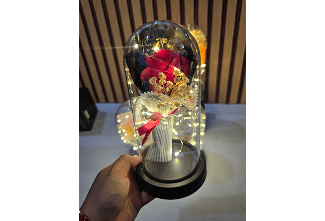 🌻CÚPULA CON ROSA ETERNA DE JABÓN Y LUZ LED MOD# 182 (cajita negra)