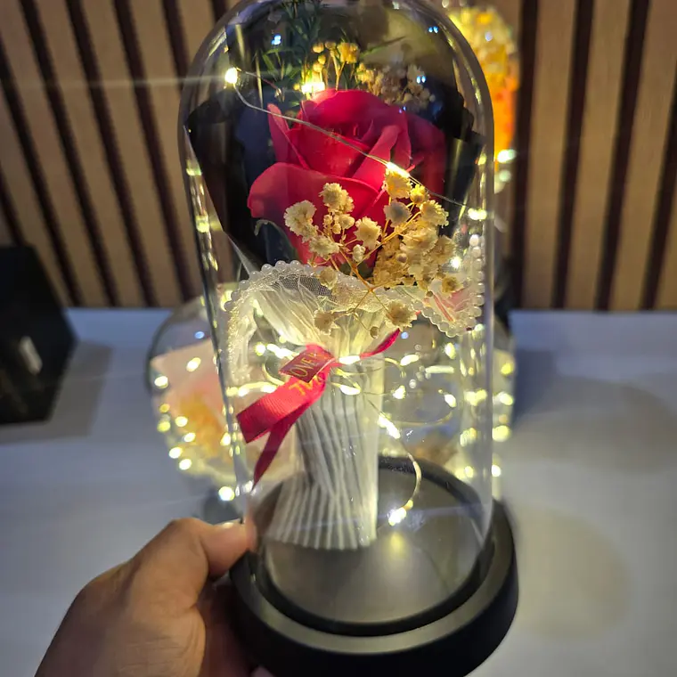 🌻CÚPULA CON ROSA ETERNA DE JABÓN Y LUZ LED MOD# 182 (cajita negra) 5