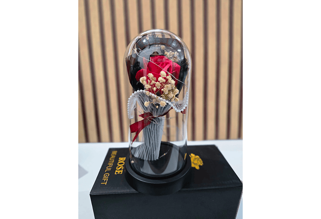 🌻CÚPULA CON ROSA ETERNA DE JABÓN Y LUZ LED MOD# 182 (cajita negra)