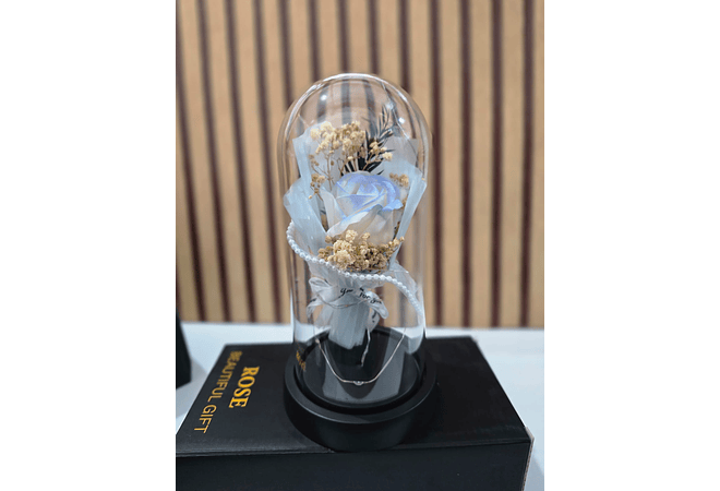 🌻CÚPULA CON ROSA ETERNA DE JABÓN Y LUZ LED MOD# 182 (cajita negra)