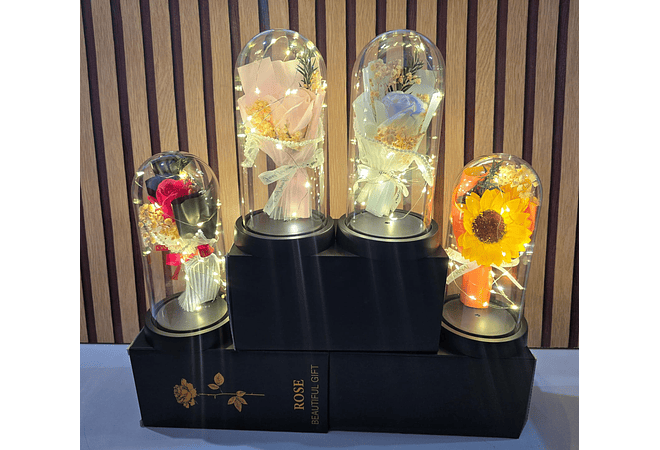 🌻CÚPULA CON ROSA ETERNA DE JABÓN Y LUZ LED MOD# 182 (cajita negra)
