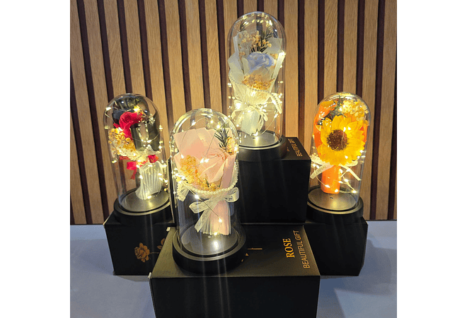 🌻CÚPULA CON ROSA ETERNA DE JABÓN Y LUZ LED MOD# 182 (cajita negra)