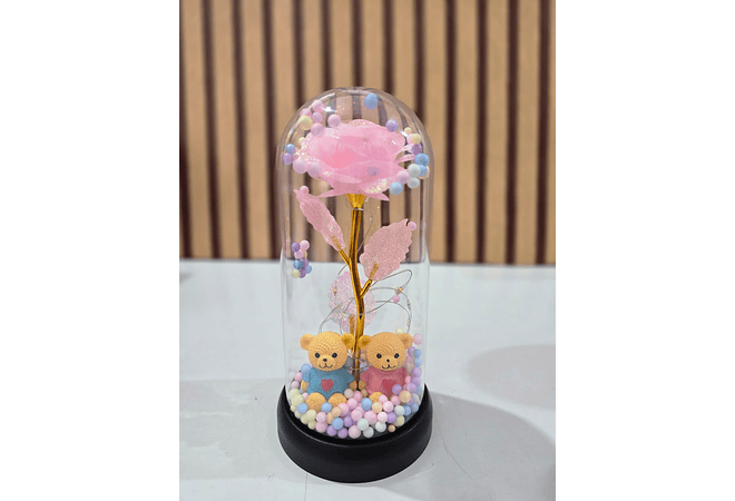 CÚPULA CON ROSA ETERNA COLORES TORNASOL CON LUZ LED (OSITO)  MOD# 185